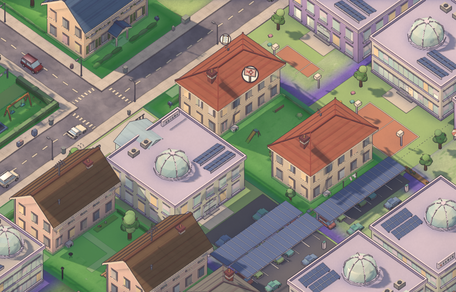 An upzoning of a few suburban lots at its hearing, the lots tinted for the zoning asked, with an opposition sign over them