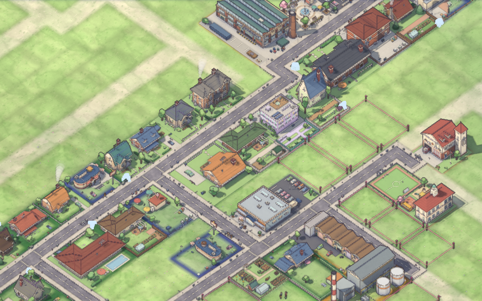 A hamlet of a few houses and shops along a street, with fenced lots waiting for zoning