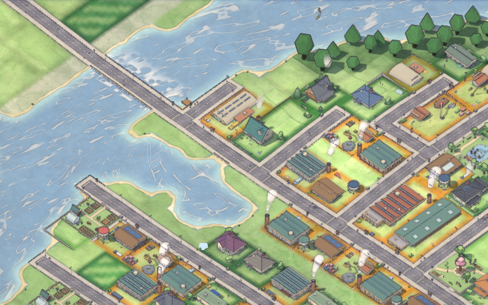 A small town of workshops and houses beside a lake